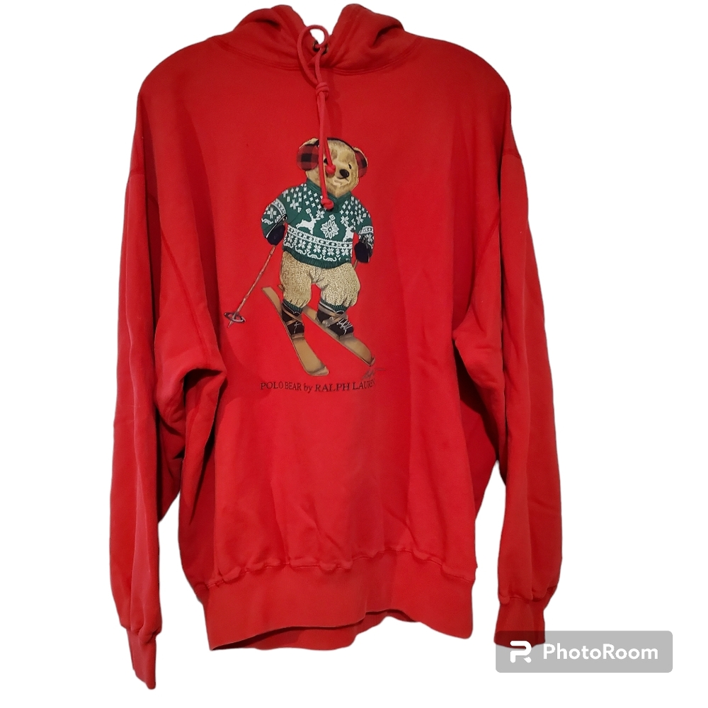 Vintage Alpine Skiing Polo Bear by Ralph Lauren Red Hoodie, Sz XL